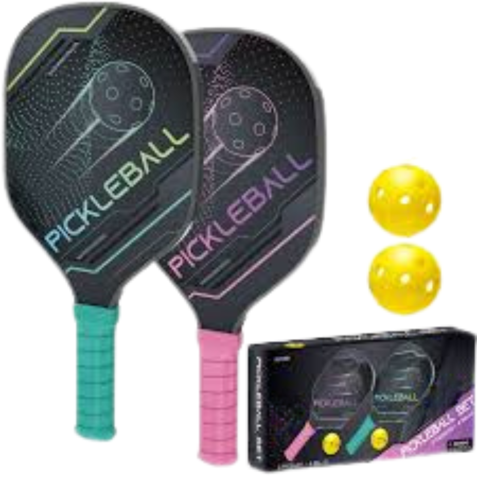 image of a pink and teal colored pickle ball set of two paddles and two pickle balls