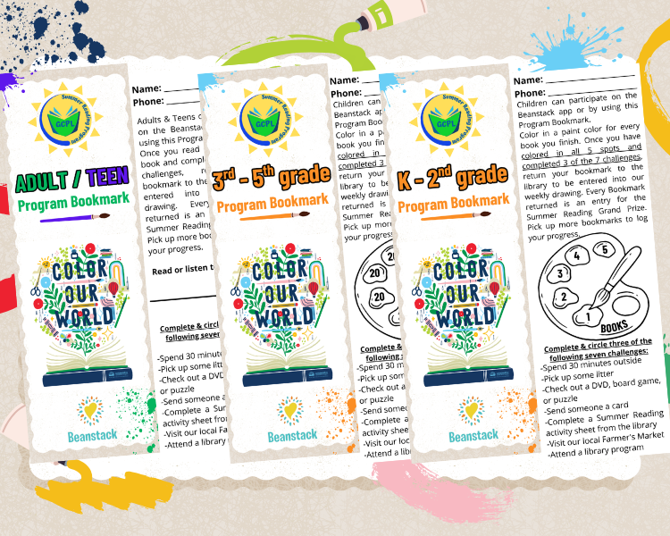 image of the front and back of the summer reading program bookmarks for adults, teens, and children