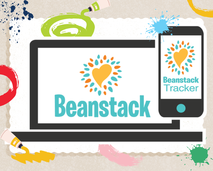 image of a computer and smartphone screen displaying the heart logo of the Beanstack app used to track reading for the summer reading program