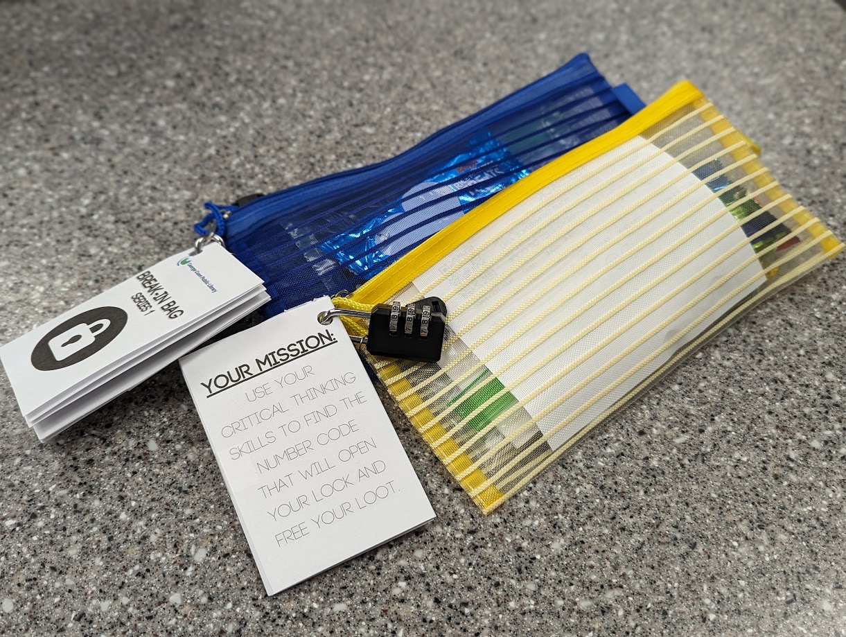 two pencil pouches full of miscellaneous treats locked with a small combination lock.