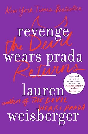 Purple book cover titled "Revenge Wears Prada: The Devil Returns" by Lauren Weisberger. Orange and white text, with a mention of "New York Times Bestseller."