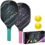 image of a pink and teal colored pickle ball set of two paddles and two pickle balls