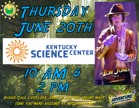 Photo of woman in an explorer costume holding a chemistry flask with the text below, Ion Jones and the Lost Castle of Chemistry.