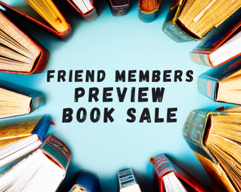 The text Friend Members Preview Book Sale encircled by standing books