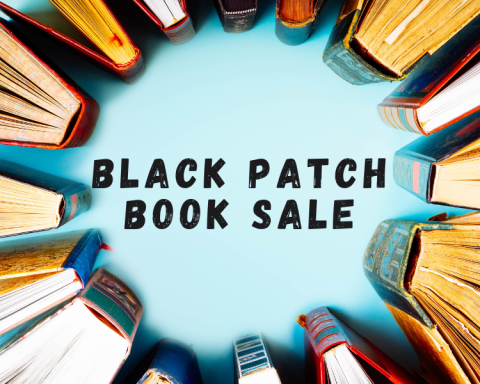 The text Black Patch Book Sale encircled by standing books