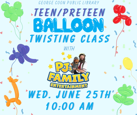 this image has the logo for PJ's Family Entertainment business surrounded by party confetti and clipart of balloon animals.