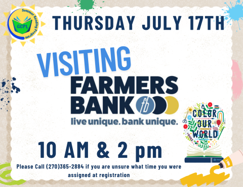 The text, Visiting Farmer's Bank, is surrounded by splattered paint and the sunshine shaped Summer Reading Program logo