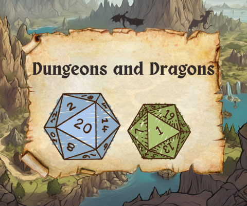 this image shows two twenty sided dice below the words Dungeons and Dragons. Those things are on top of a worn scroll and in the background is fantasy landscape with rivers, mountains, and dragons flying.