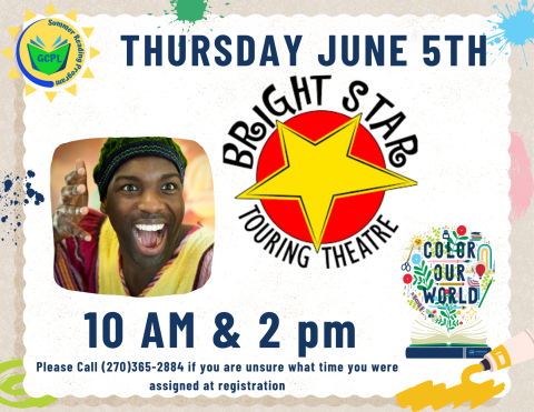 this image show an actor in a African costume excitedly telling a story and the star logo for Bright Star Touring Theatre