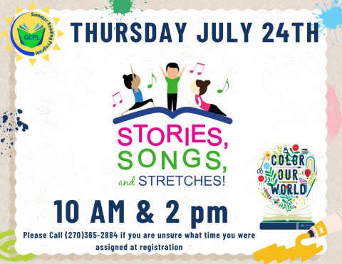 this image shows clipart of three children performing yoga stretches above the text, "Stories, Songs, and Stretches.