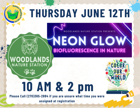 this image has the logo for Woodlands Nature Station and in a glowing font, the text, Neon Glow on a background of purple neon.