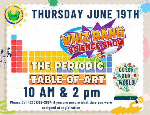 this image shows the logo for Whiz Bang Science Show with the name of the show, "The Periodic Table of Art" over a very colorful clipart of the periodic table of elements.
