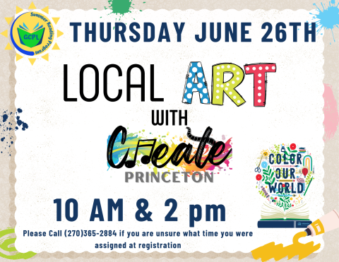 this image has the logo for Create Princeton with the text, Thursday June 26th, Local Art with Create Princeton.