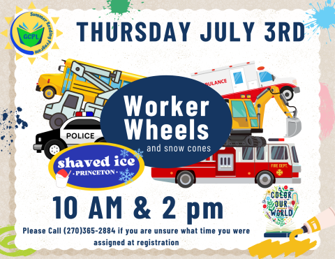 this image shows clipart of a school bus, police car, ambulance, fire truck, bucket truck, and a backhoe. The text reads "Work Wheels and Snow Cones."