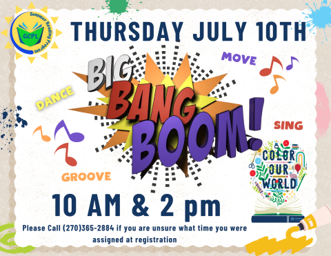 image with the text, "Big Bang Boom" in an explosive comic type font surrounded by music notes.