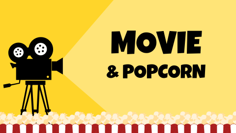 yellow background and film projector casting a light onto the words, Movie and Popcorn.