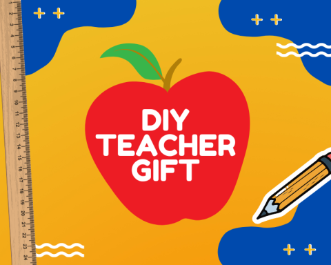 the text, DIY Teacher Gift on a bright red apple clip art with a bright yellow background and surrounded by school supplies like a ruler and pencil.