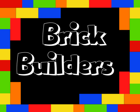 The text Brick Builders on a black background framed in small lego-type blocks of color.