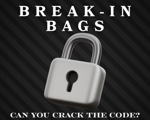a large silver lock under the text and "break-in bags" and above the text "can you crack the code?" all on a dark gray and black striped background
