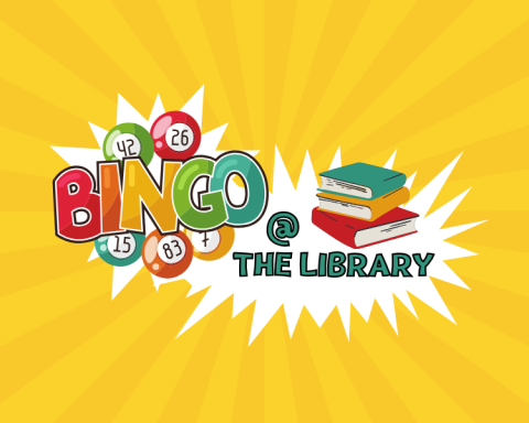 the text, Bingo at the library with a small stack of colorful books on a white burst layered over a bright yellow background.