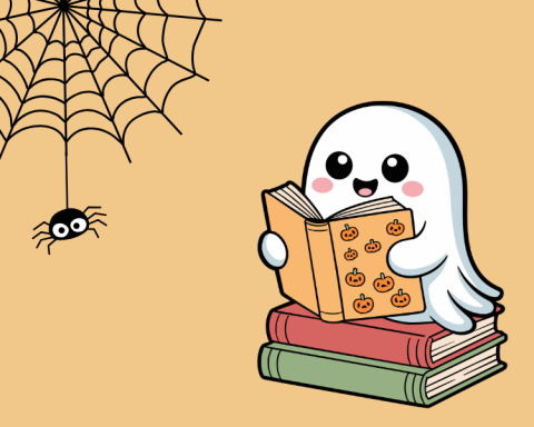a ghost sitting on a small stack of  books reading a book with several pumpkins on the cover as a spider is hanging from a web in the opposite corner as if listening to the story.