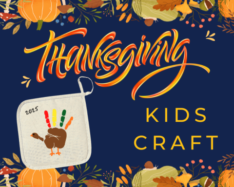 a child's painted handprint made into a turkey on a cream colored pot holder against a navy blue background near the words, Thanksgiving kids craft.
