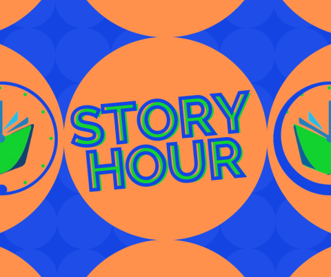 the text, Story Hour, on an orange circle on a royal blue background