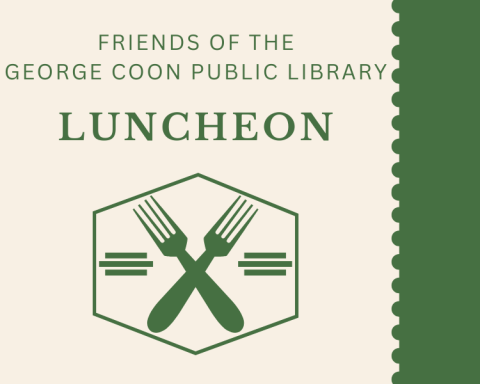 the sage green text, Friends of the George Coon Public Library Luncheon on a tan background above two crossed green forks.