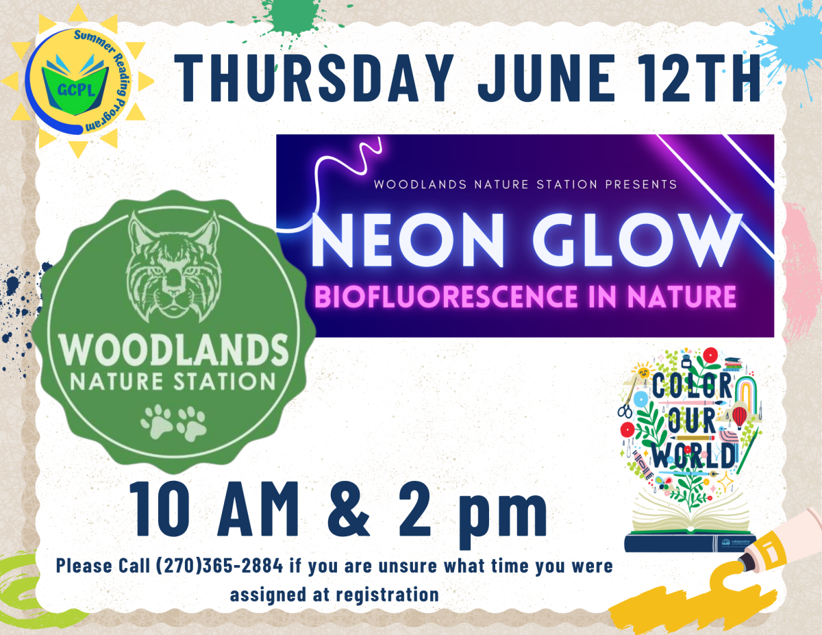 this image has the logo for Woodlands Nature Station and in a glowing font, the text, Neon Glow on a background of purple neon.