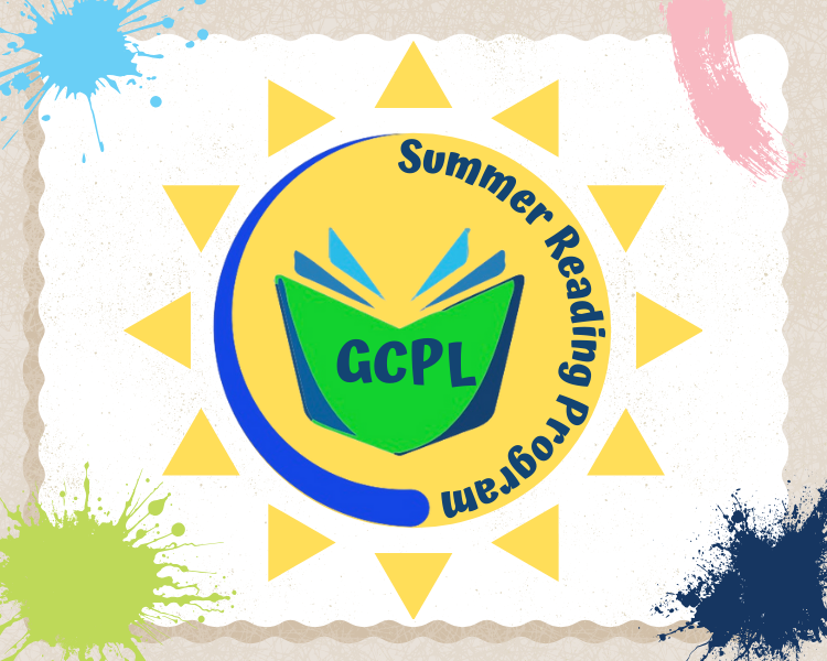 The logo for GCPL's Summer Reading Program of a large sun with a book in the center. Logo surrounded by splatters of different colors of paints.