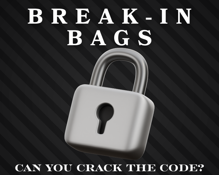 a large silver lock in the center with the above text, break in bags and the below text of "can you crack the code?" all on a dark gray and black striped background