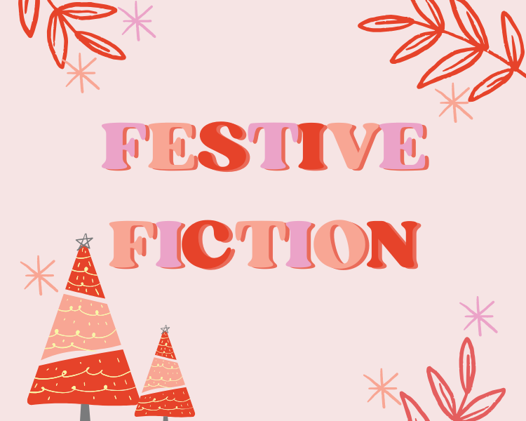 the text Festive Fiction in the hues of pink, peach and red on a pink background surrounded by sparkles and Christmas trees of those colors.