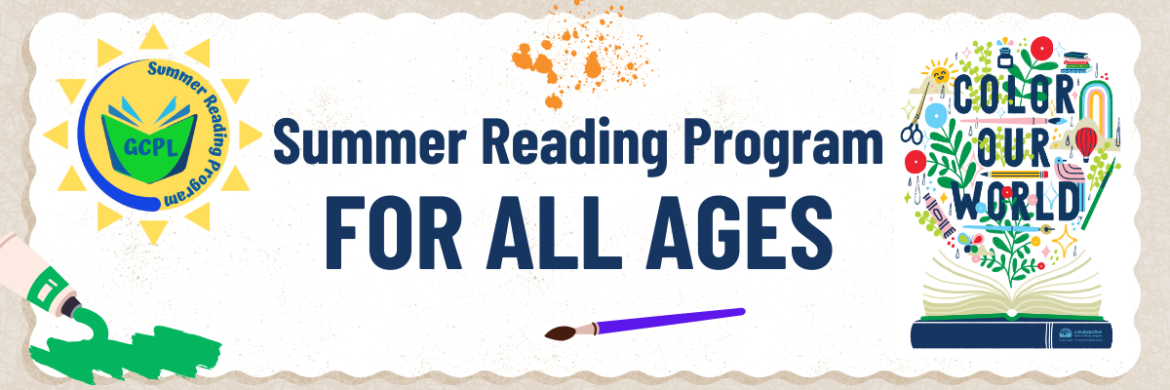 A banner with the summer reading logo of a sun with a book in the center. The text Summer Reading Program for all ages. Followed by the logo for this years theme, "Color Our World." 