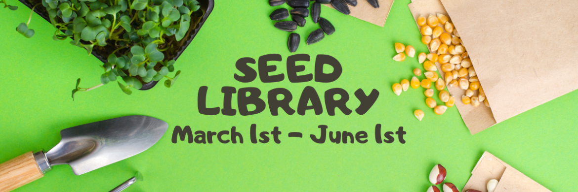 green background with plant seeds scattered around the text, Seed Library